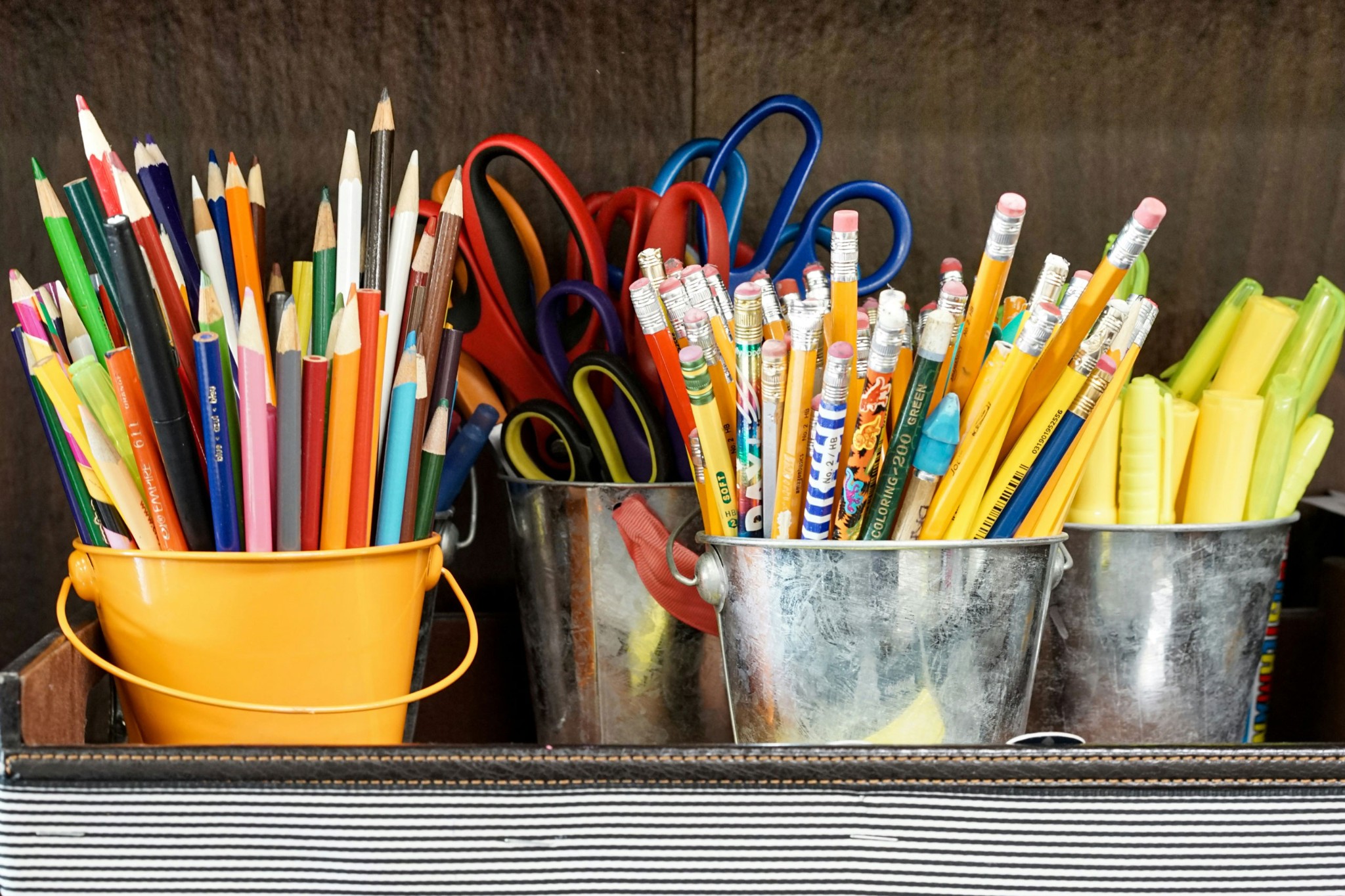 Back to School, School Supplies, Pencil Crayons, Scissors, Highlighters, Markers, Tins, Colorful, Art, Photograph